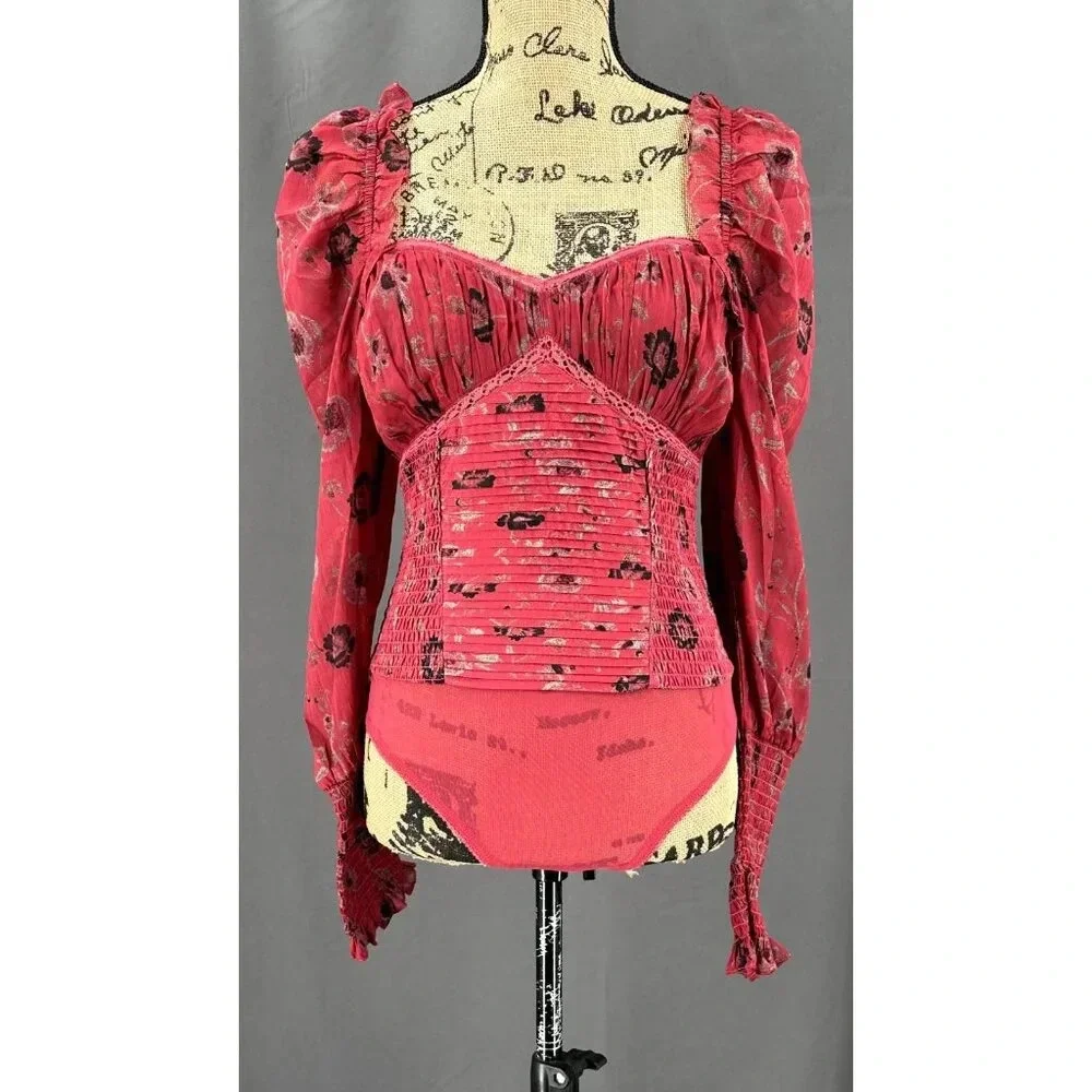 Free People‎ Bodysuit Women S? Floral Sweatheart Neck Ruched Flirty Date Night